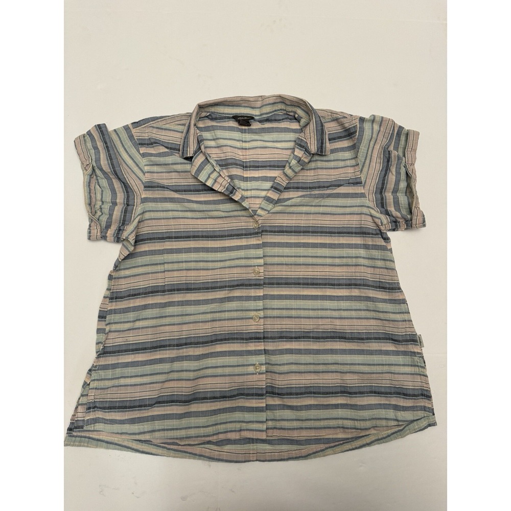 Eddie Bauer Women Blue and White Striped Short Sleeve Button Front Shirt Medium